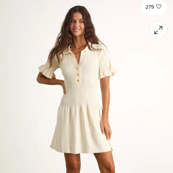 Lulus Yavina Cream Collared Skater Sweater Mini Dress White - Size S - Picture 3 of 6